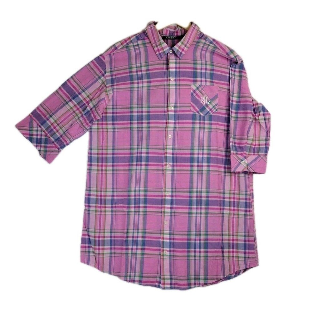 Lauren Ralph Lauren Pink Purple Green Plaid Cotton Button Long Shirt Large